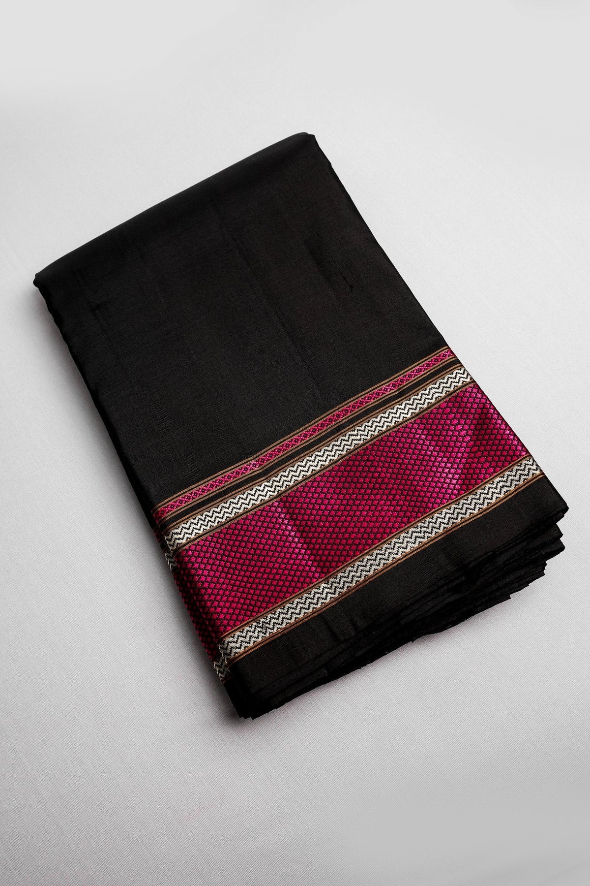 Black Ilkal Saree with Pink and Silver Thread Border