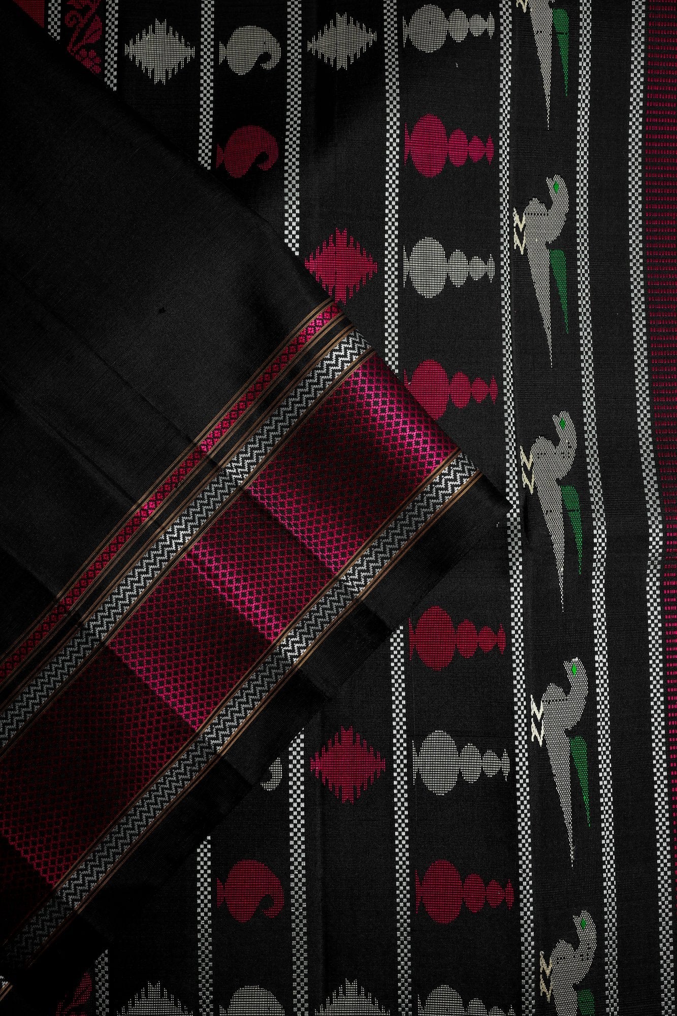 Black Ilkal Saree with Pink and Silver Thread Border