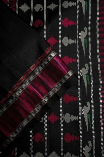 Black Ilkal Saree with Pink and Silver Thread Border