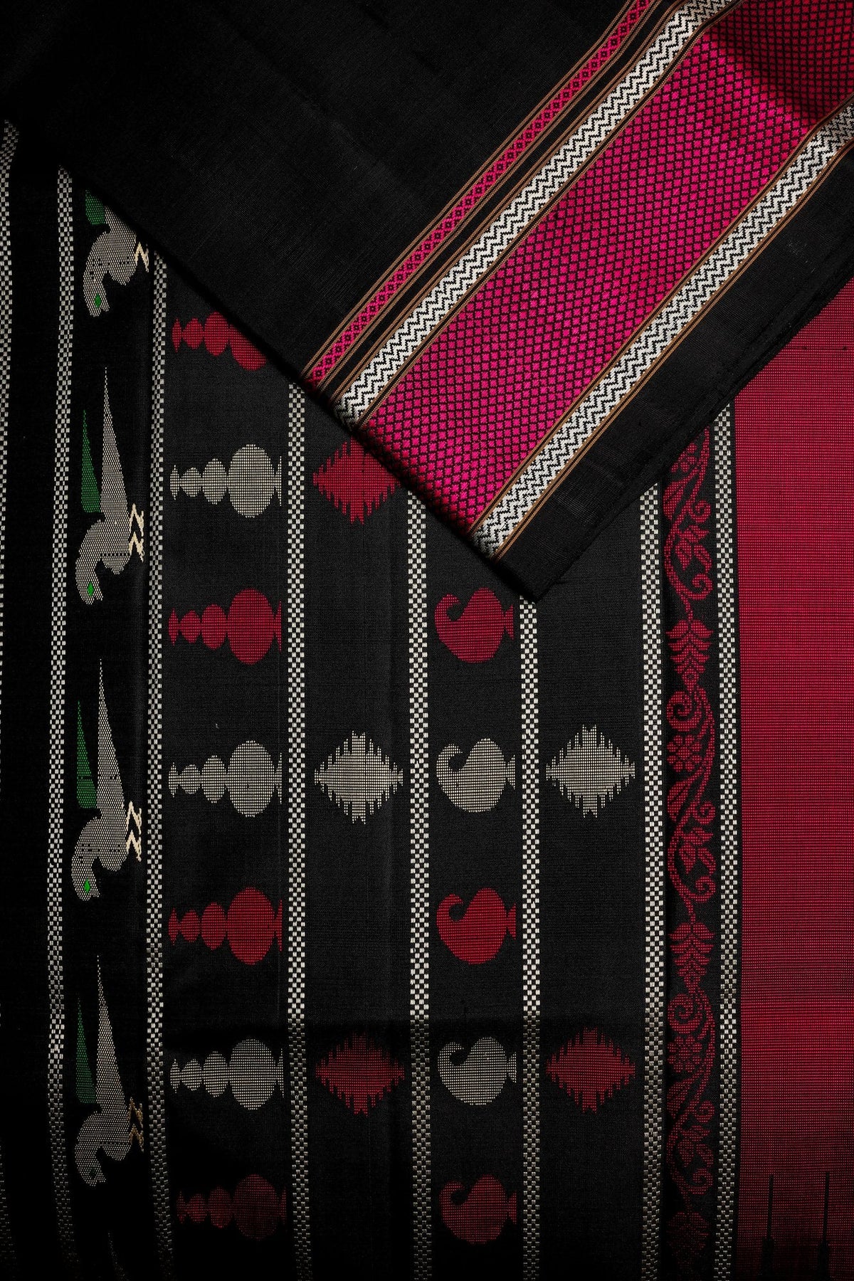 Black Ilkal Saree with Pink and Silver Thread Border
