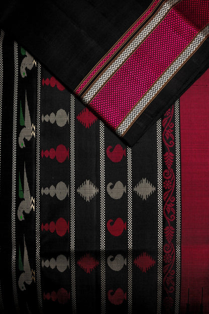 Black Ilkal Saree with Pink and Silver Thread Border