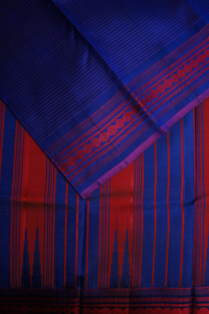 Blue Mulkalmuru Saree with Pink Lines and Pink Thread Border