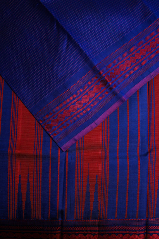 Blue Mulkalmuru Saree with Pink Lines and Pink Thread Border
