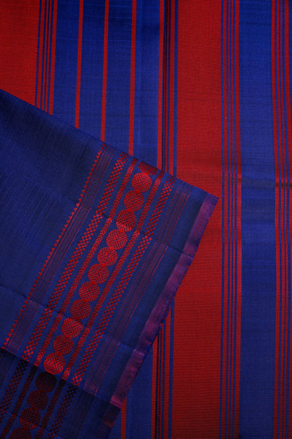 Blue Mulkalmuru Saree with Pink Lines and Pink Thread Border