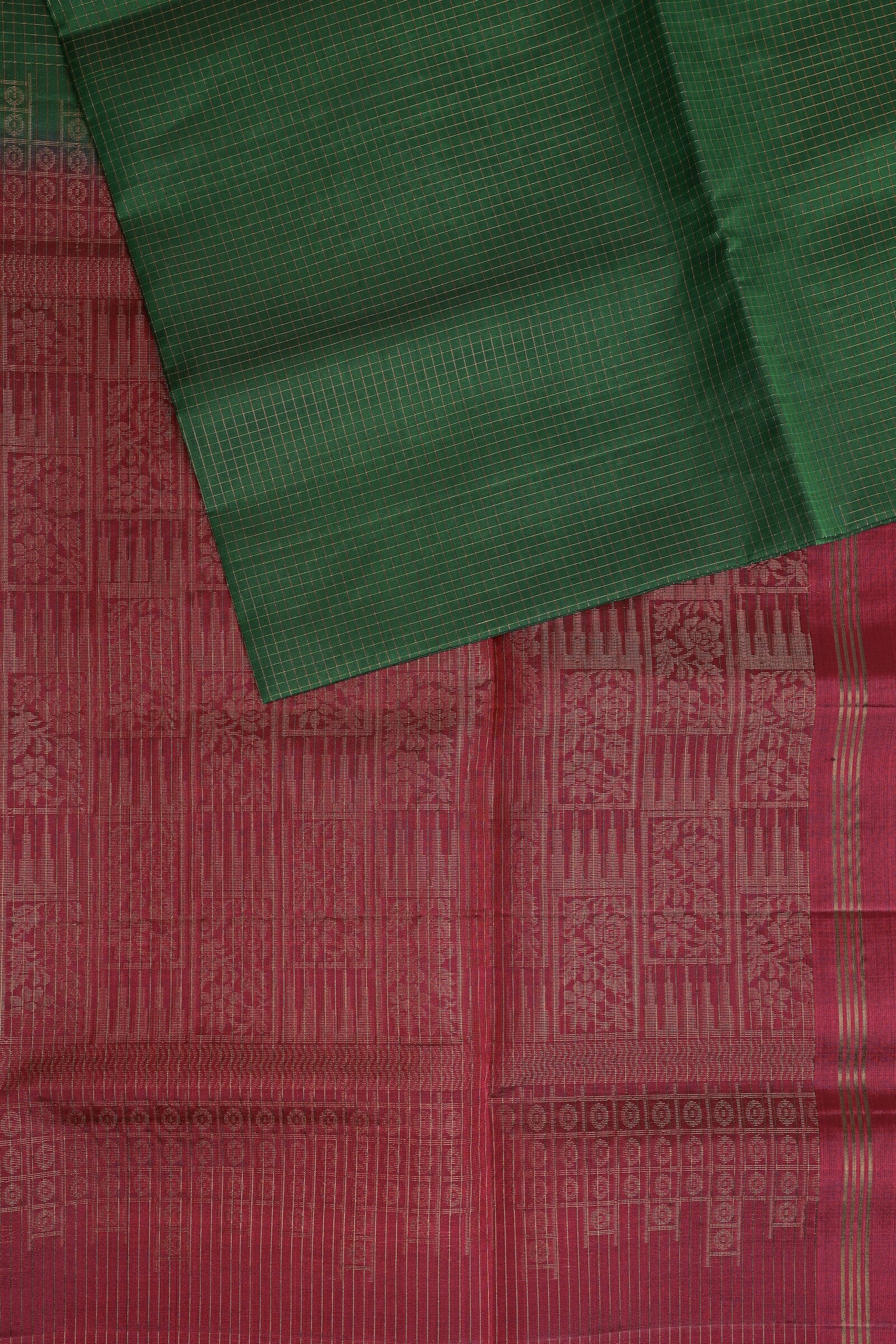 Bottle Green And Pink Border Pure Silk Saree, folded saree view