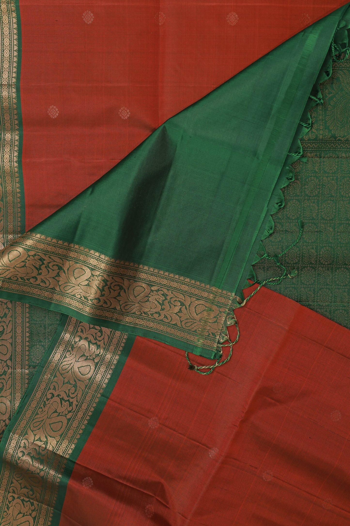 Brick Red And Green Pure Silk Saree With Peacock Zari Border, design view 3