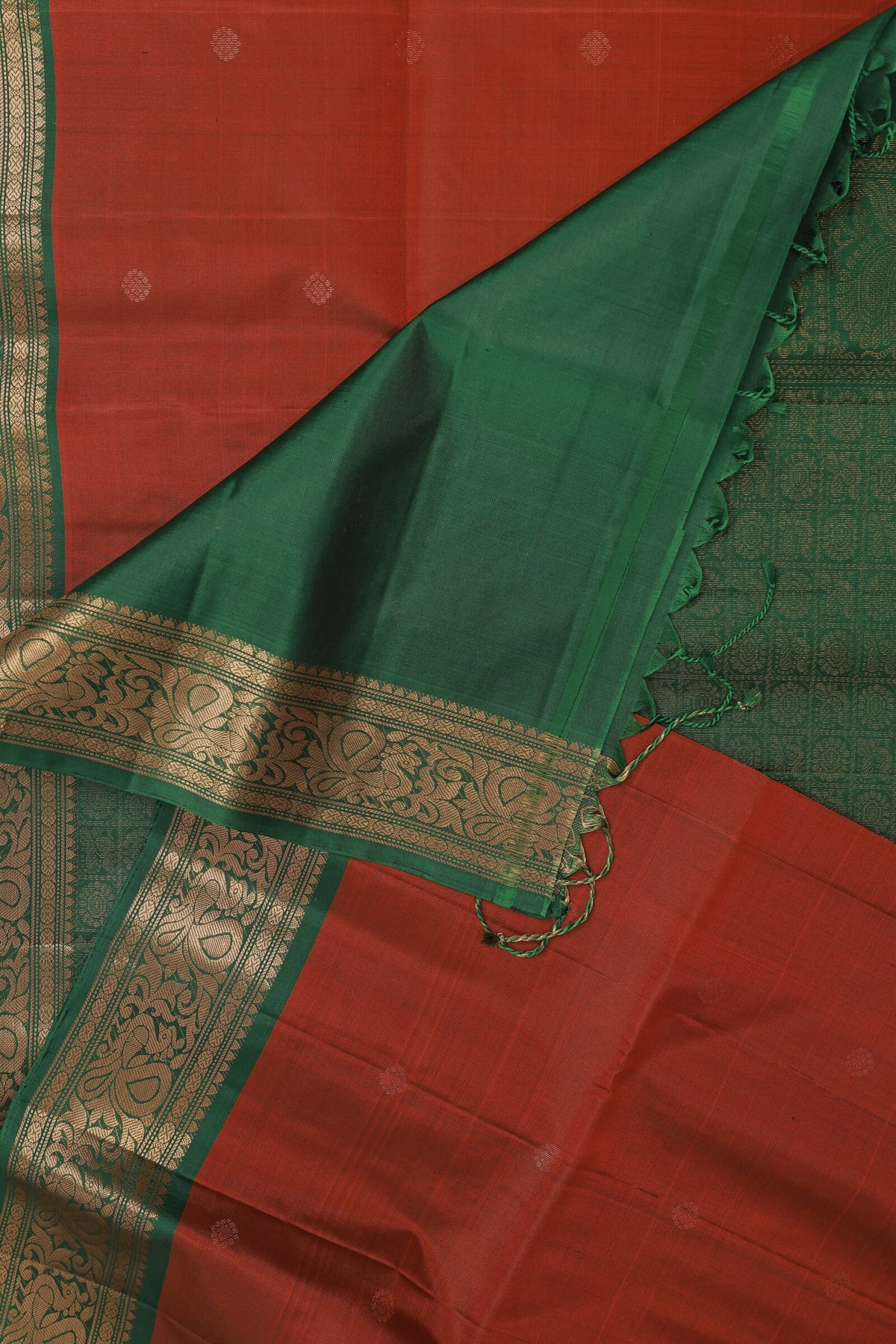 Brick Red And Green Pure Silk Saree With Peacock Zari Border, design view 3