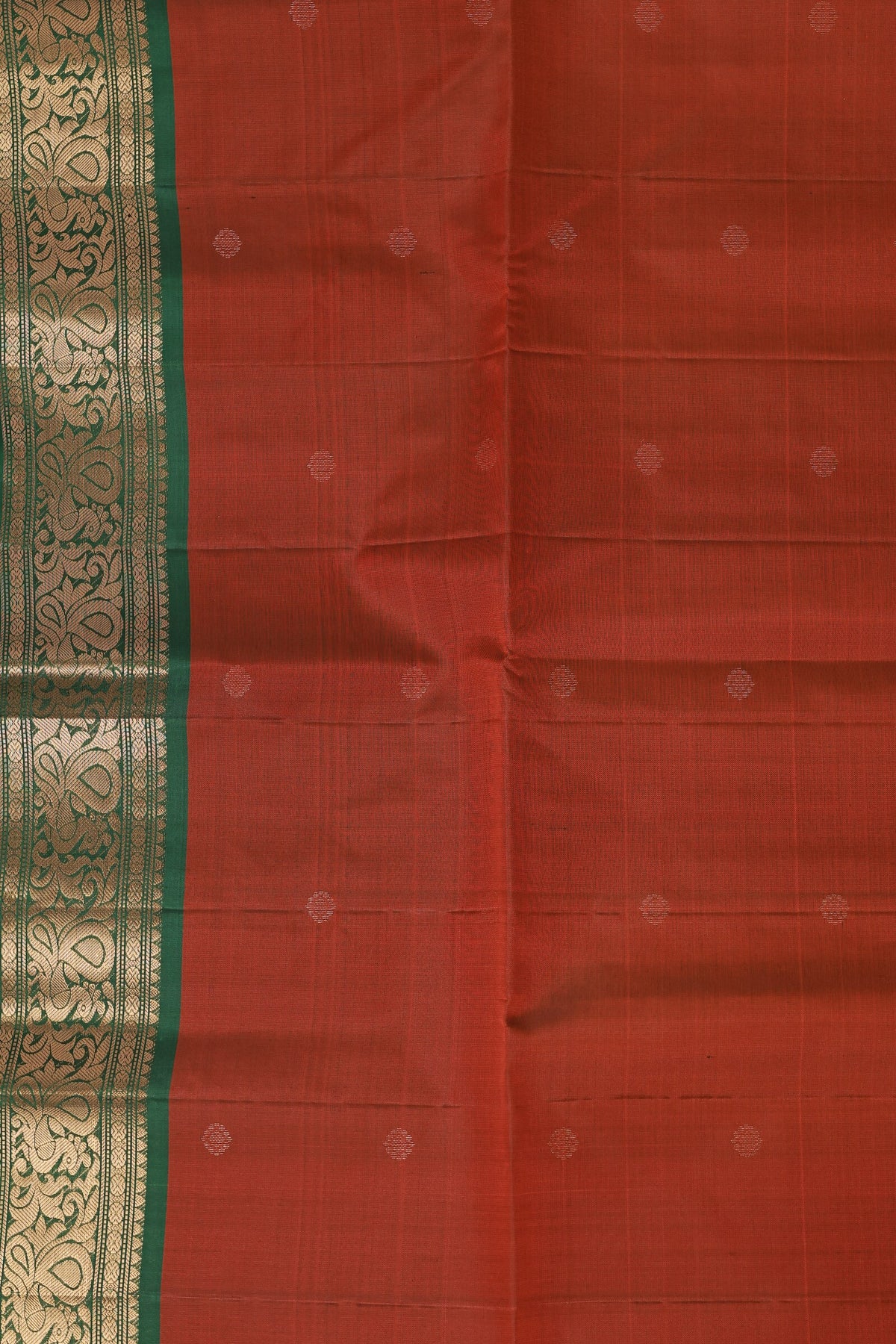 Brick Red And Green Pure Silk Saree With Peacock Zari Border, fabric detail