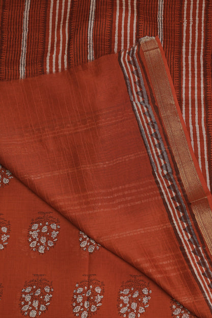 Brick Red Chanderi Silk Saree With Handblock Print, folded saree view