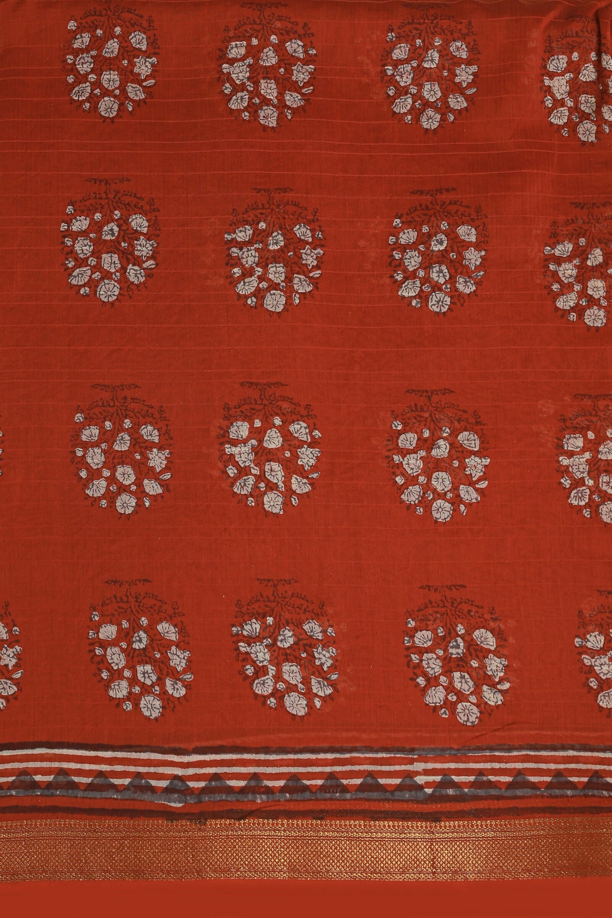 Brick Red Chanderi Silk Saree With Handblock Print, fabric detail