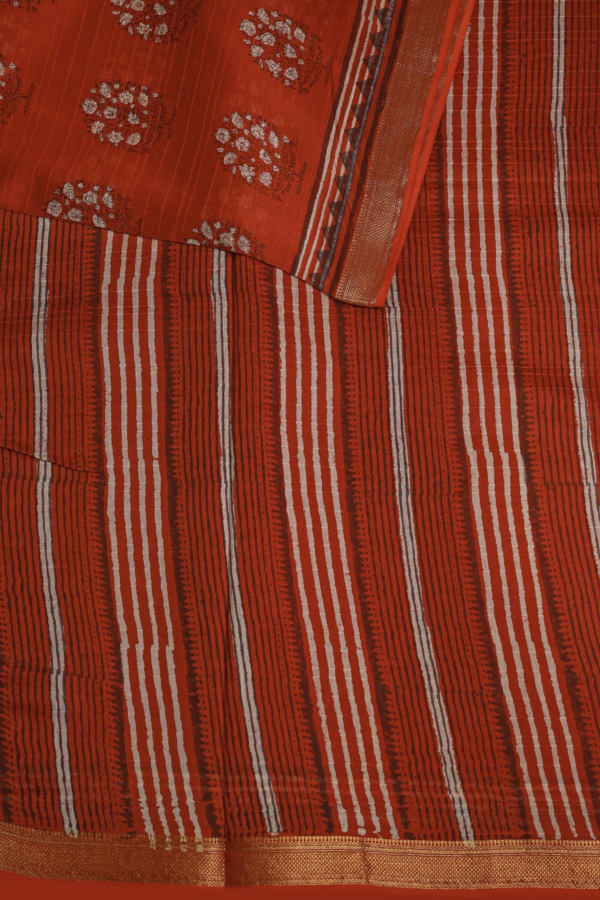 Brick Red Chanderi Silk Saree With Handblock Print, design view 3