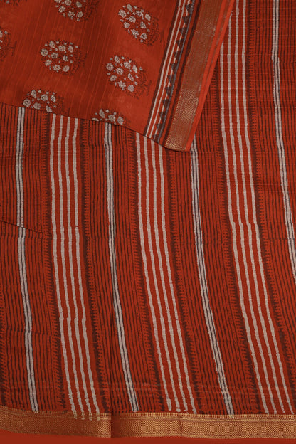 Brick Red Chanderi Silk Saree With Handblock Print, design view 3