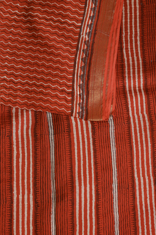 Brick Red Chanderi Silk Saree With Zari Border, design view 3