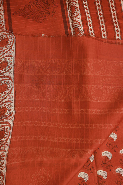 Brick Red Chanderi Silk Saree With Zari Border Handblock Print, folded saree view