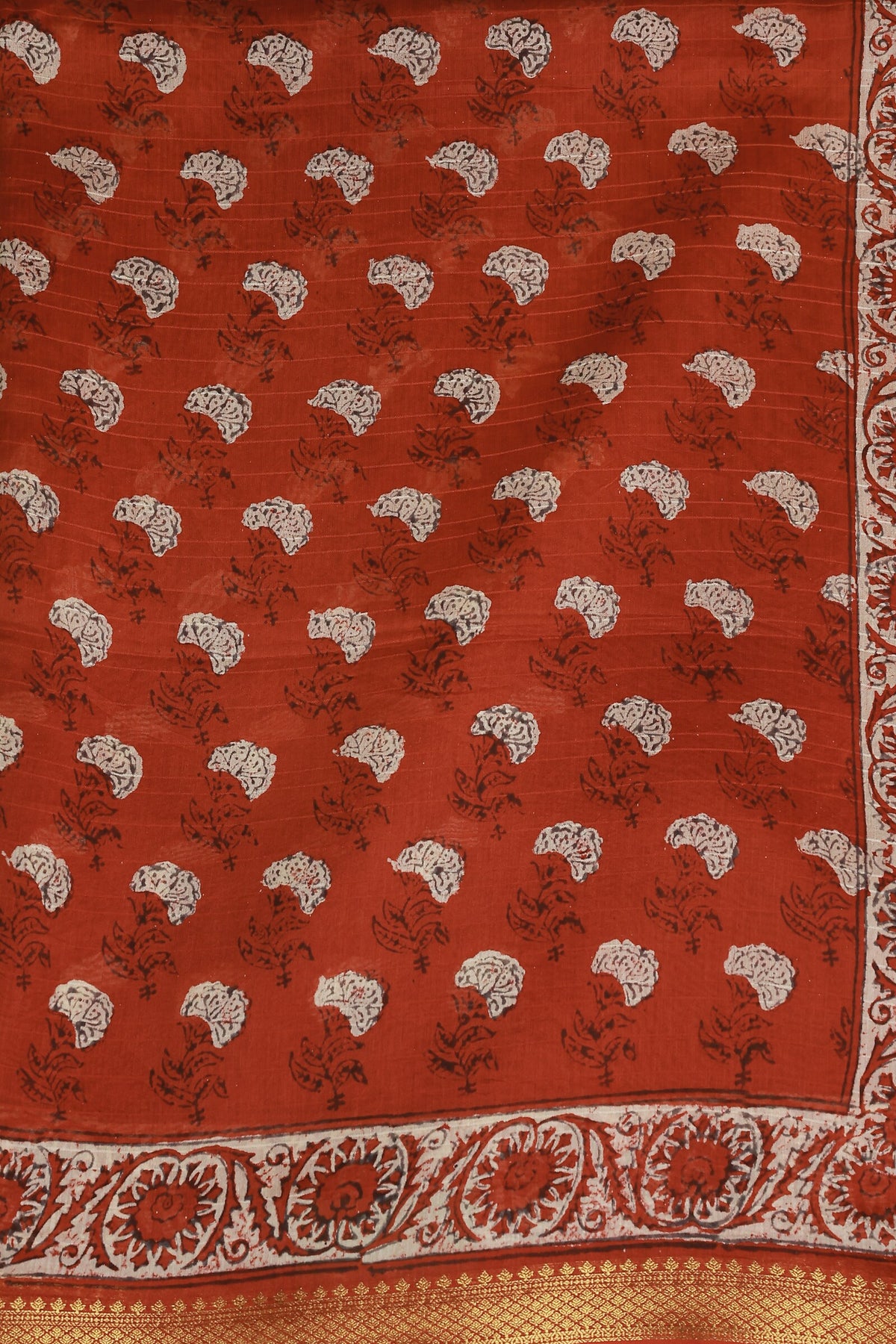 Brick Red Chanderi Silk Saree With Zari Border Handblock Print, fabric detail