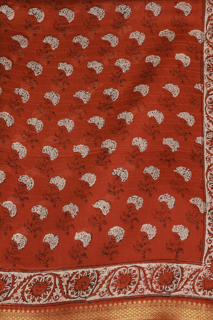 Brick Red Chanderi Silk Saree With Zari Border Handblock Print, fabric detail
