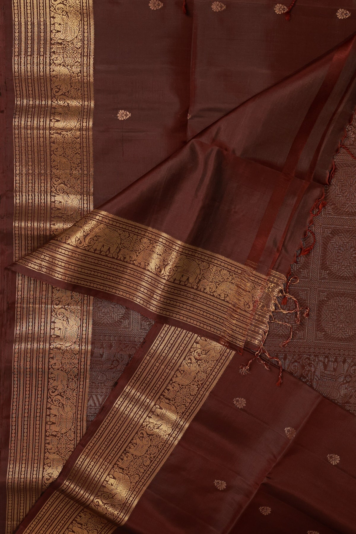 Coffee Brown Pure Silk Saree With Medium Zari Border, design view 4