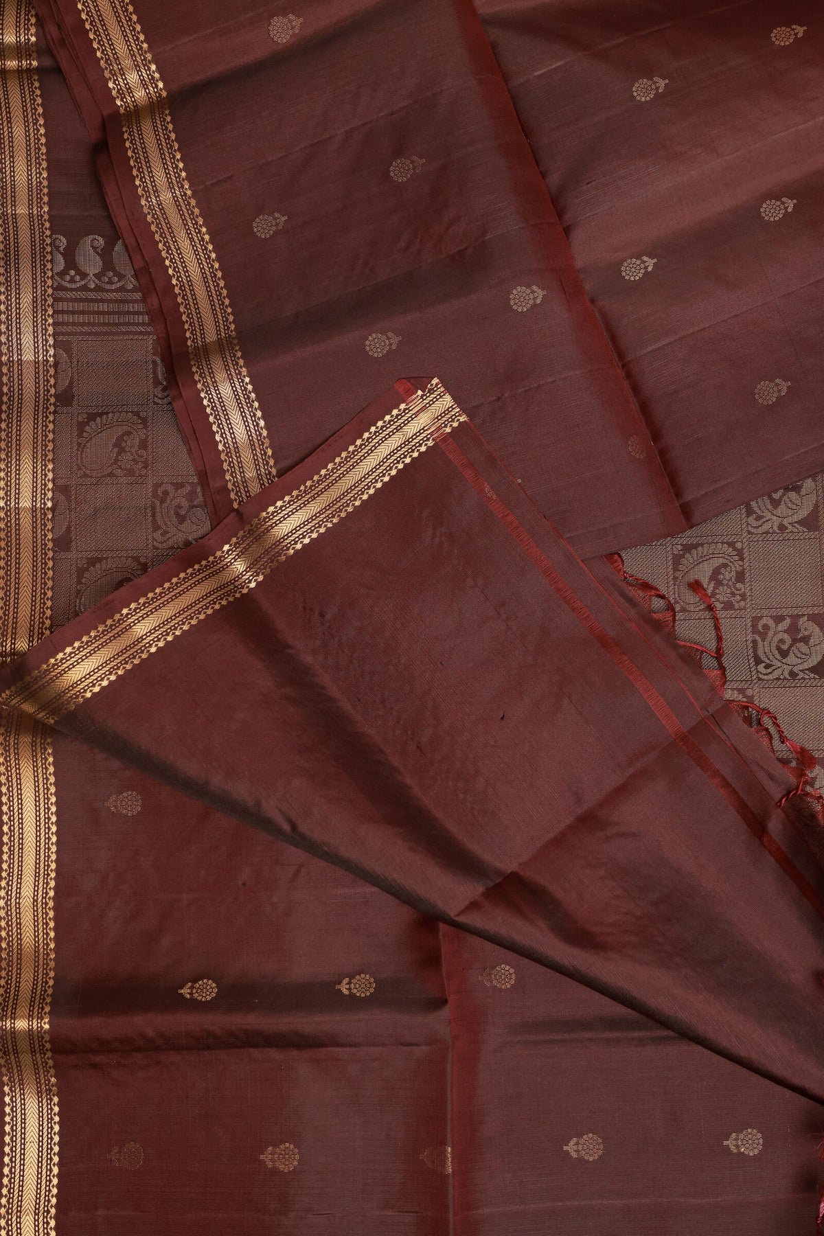 Coffee Brown Pure Silk Saree With Small Zari Border, folded saree view