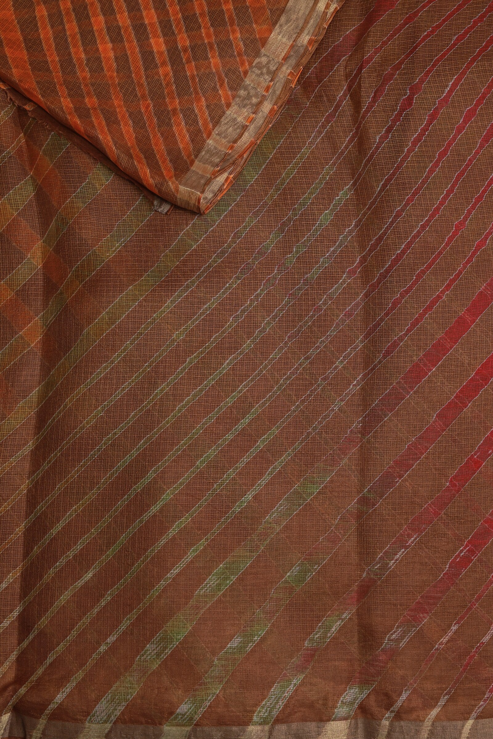 Coffee Brown Silk Kota Lahariya Saree, folded saree view