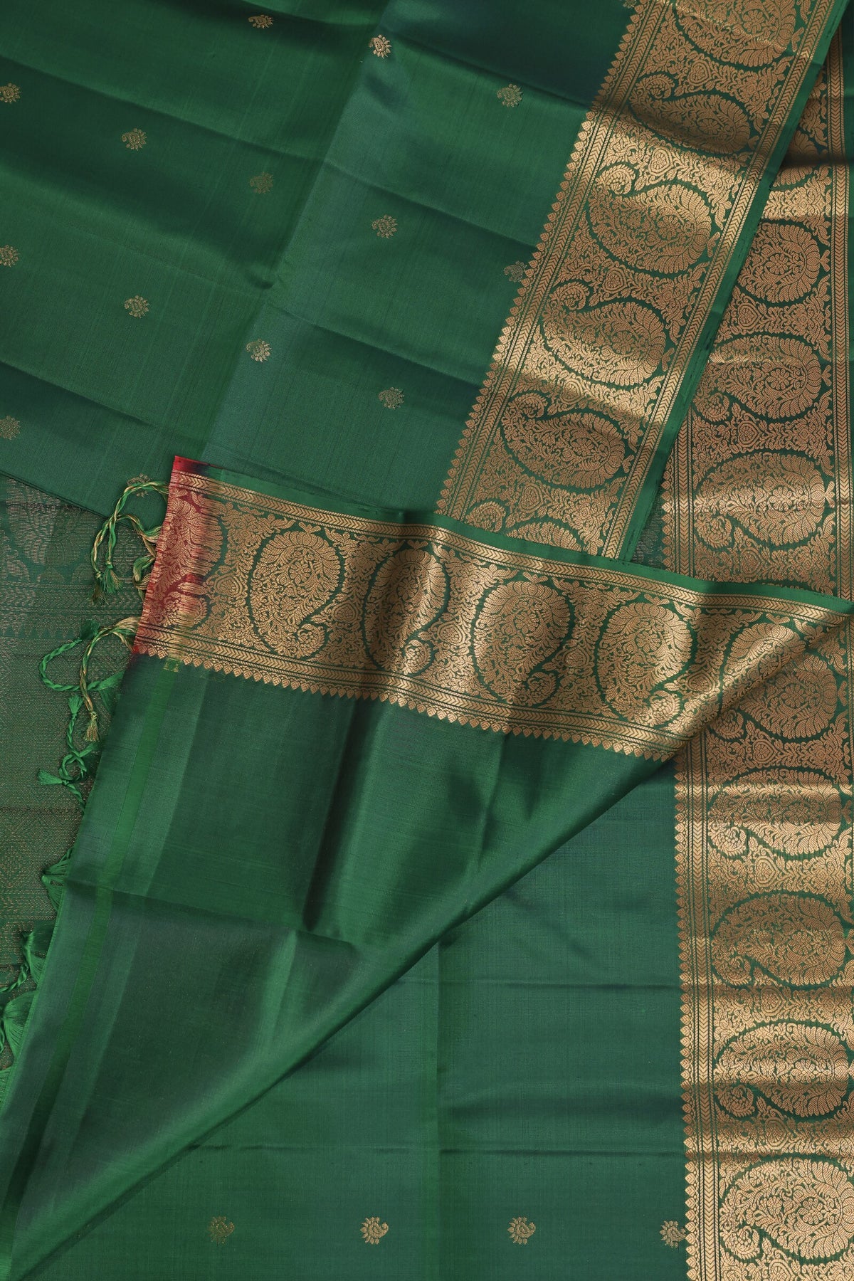 Dark Bottle Green Pure Silk Saree With Zari Mango Buttas On Border, design view 4