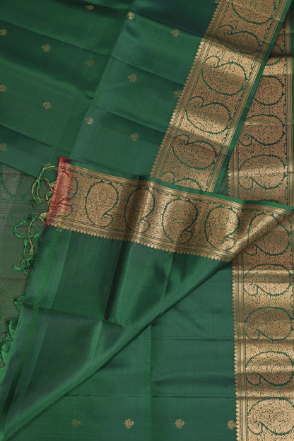 Dark Bottle Green Pure Silk Saree With Zari Mango Buttas On Border, design view 4