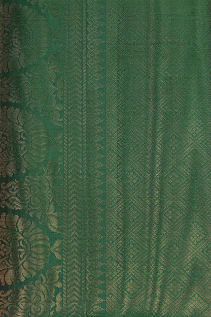 Dark Bottle Green Pure Silk Saree With Zari Mango Buttas On Border, fabric detail