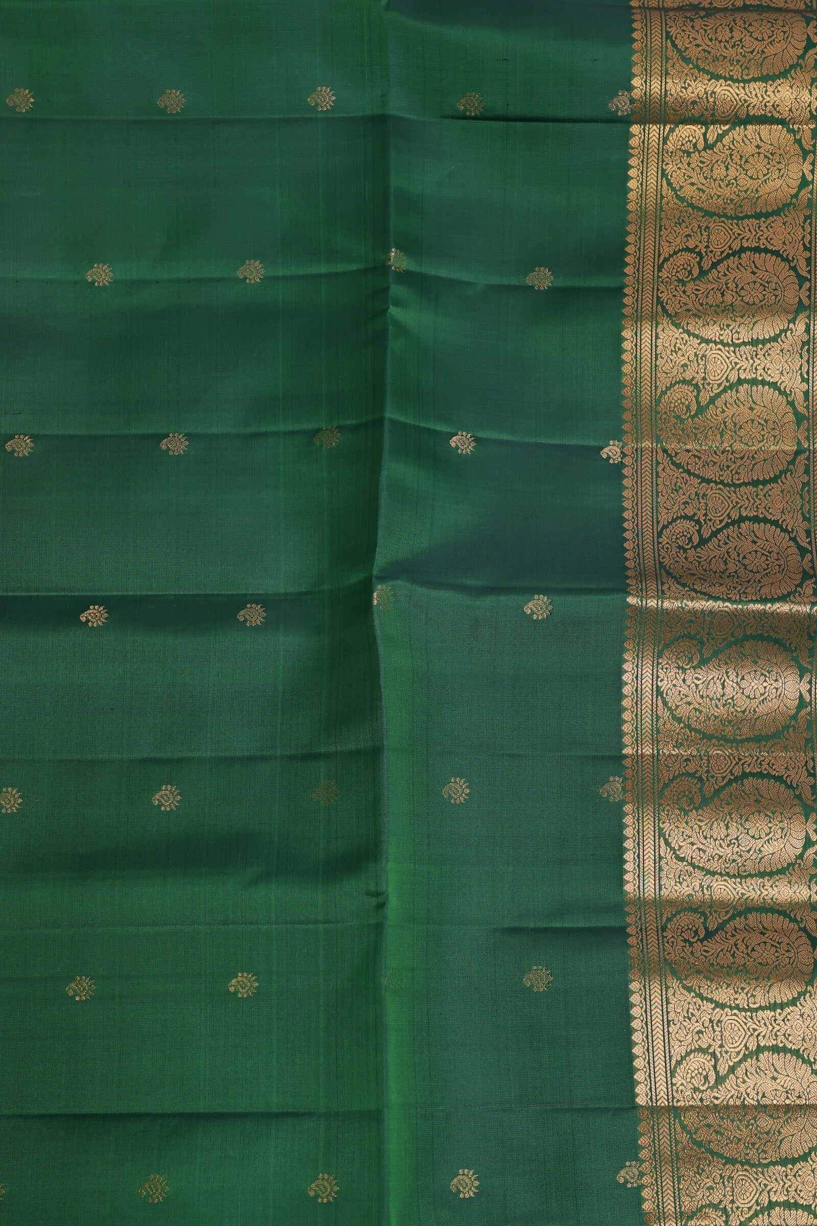 Dark Bottle Green Pure Silk Saree With Zari Mango Buttas On Border, design view 3