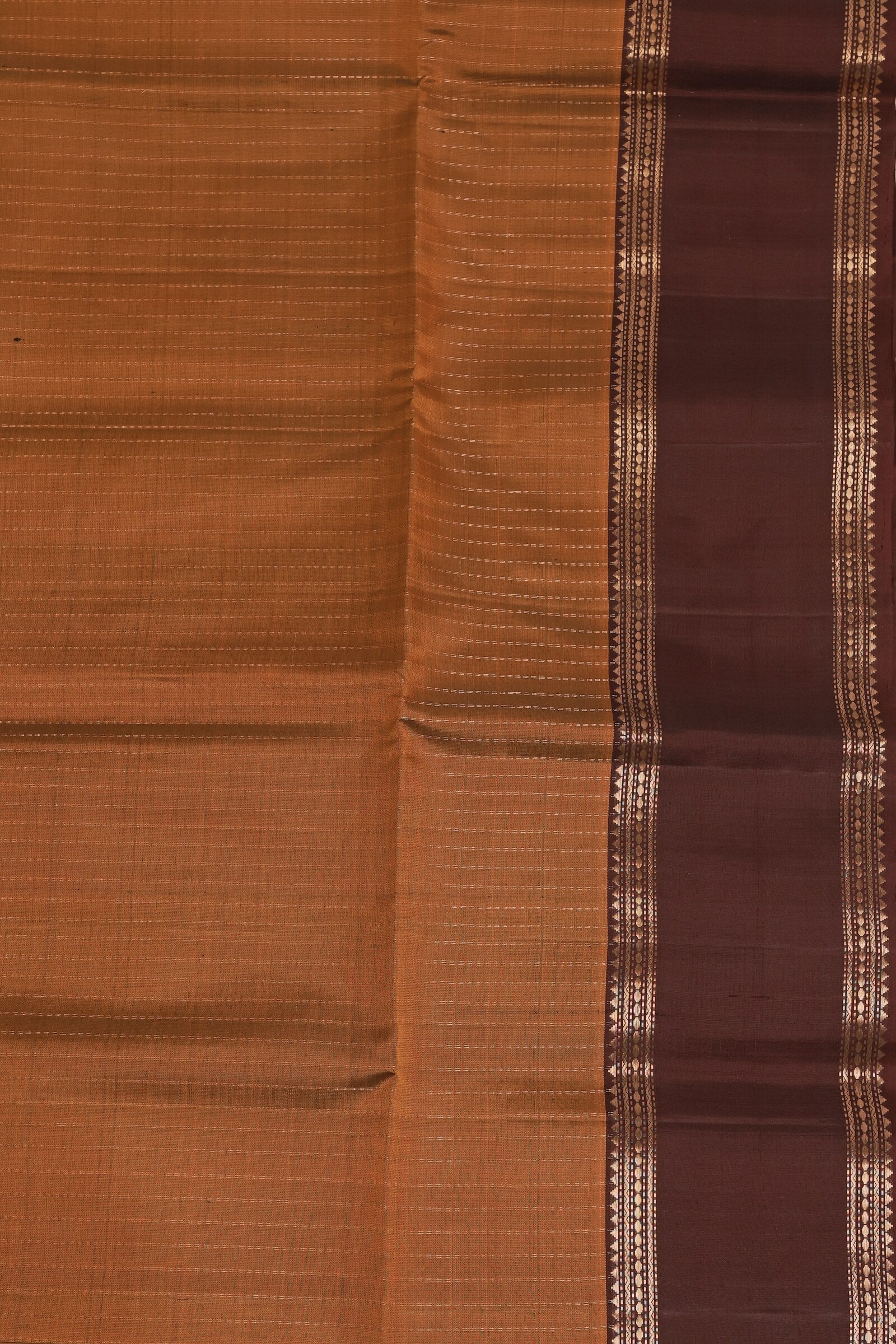 Dark Brick Red And Coffee Brown Pure Silk Saree With Zari Lines And Retta Pettu Border, design view 4