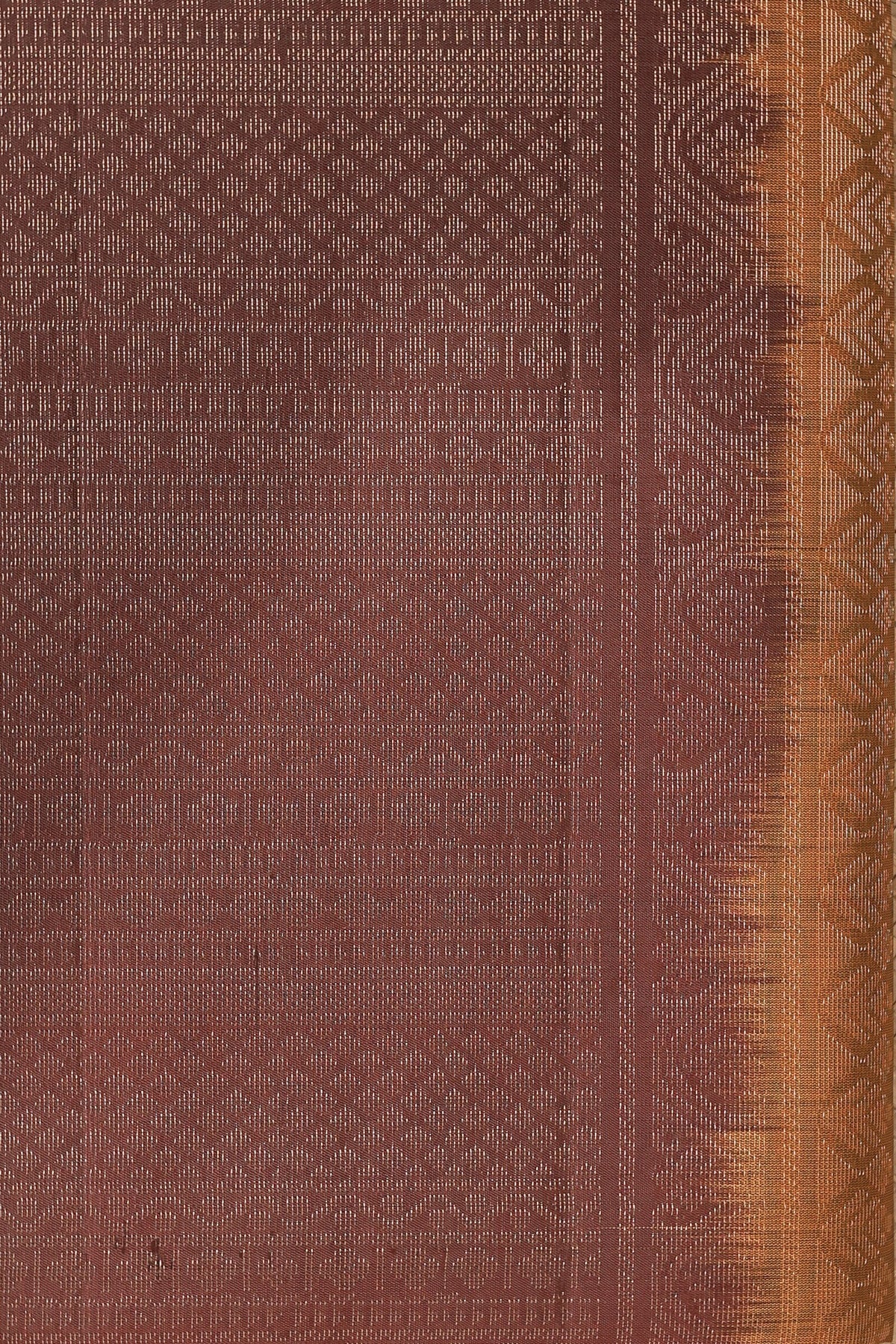 Dark Brick Red And Coffee Brown Pure Silk Saree With Zari Lines And Retta Pettu Border, fabric detail