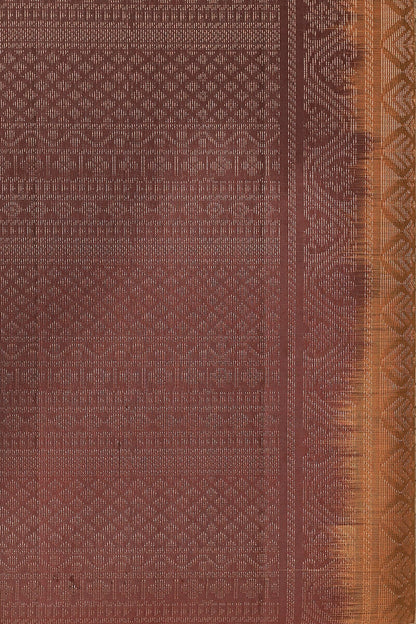 Dark Brick Red And Coffee Brown Pure Silk Saree With Zari Lines And Retta Pettu Border, fabric detail