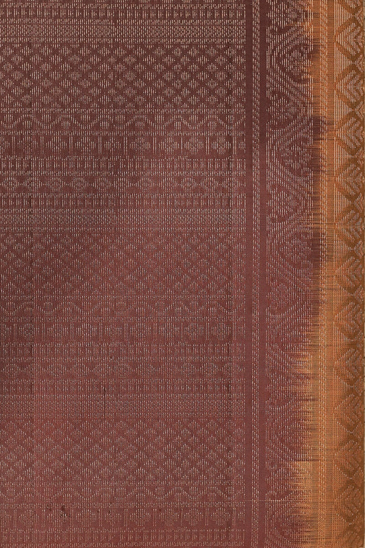 Dark Brick Red And Coffee Brown Pure Silk Saree With Zari Lines And Retta Pettu Border, fabric detail
