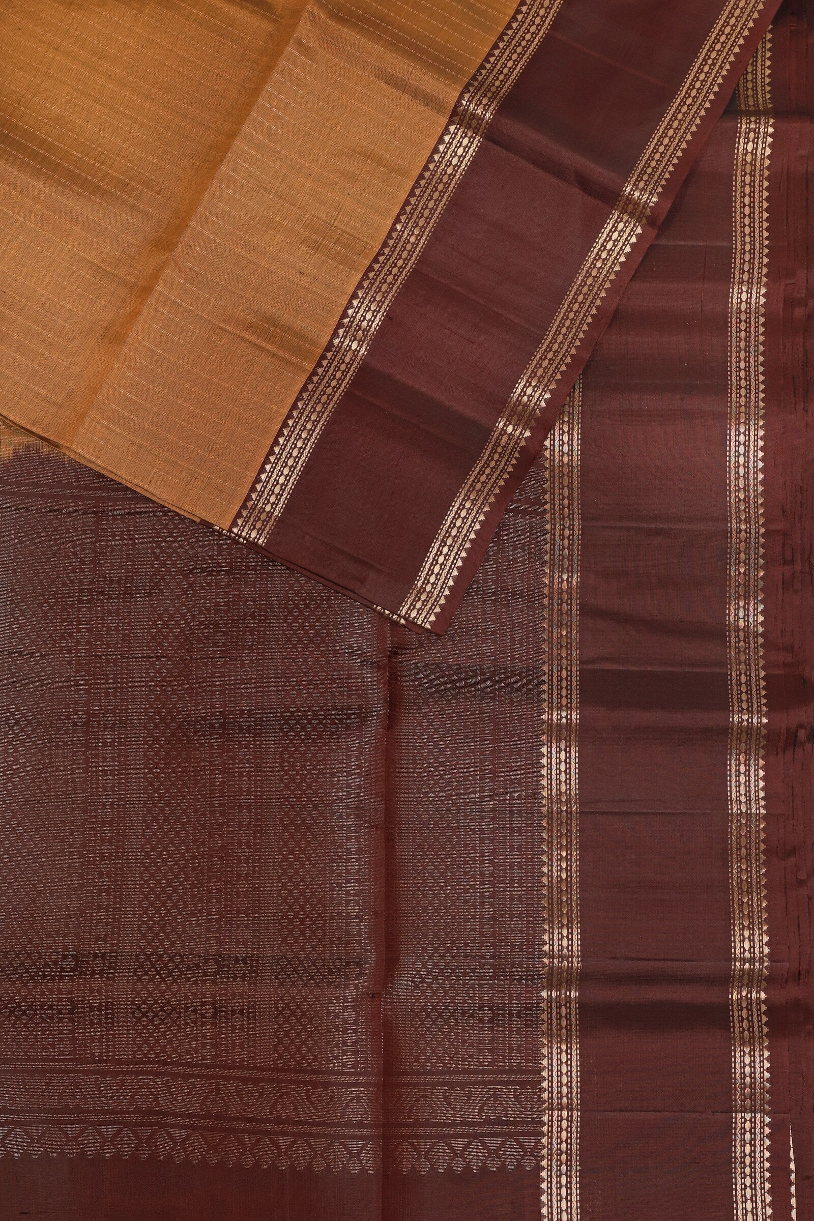 Dark Brick Red And Coffee Brown Pure Silk Saree With Zari Lines And Retta Pettu Border, folded saree view