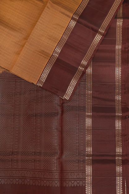 Dark Brick Red And Coffee Brown Pure Silk Saree With Zari Lines And Retta Pettu Border, folded saree view