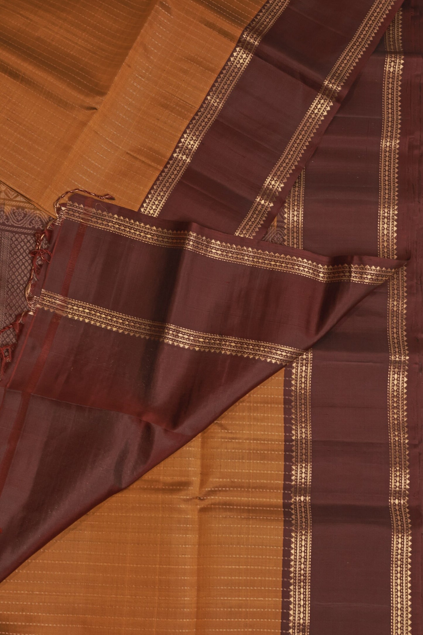 Dark Brick Red And Coffee Brown Pure Silk Saree With Zari Lines And Retta Pettu Border, design view 3