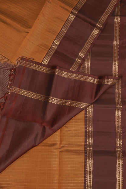 Dark Brick Red And Coffee Brown Pure Silk Saree With Zari Lines And Retta Pettu Border, design view 3