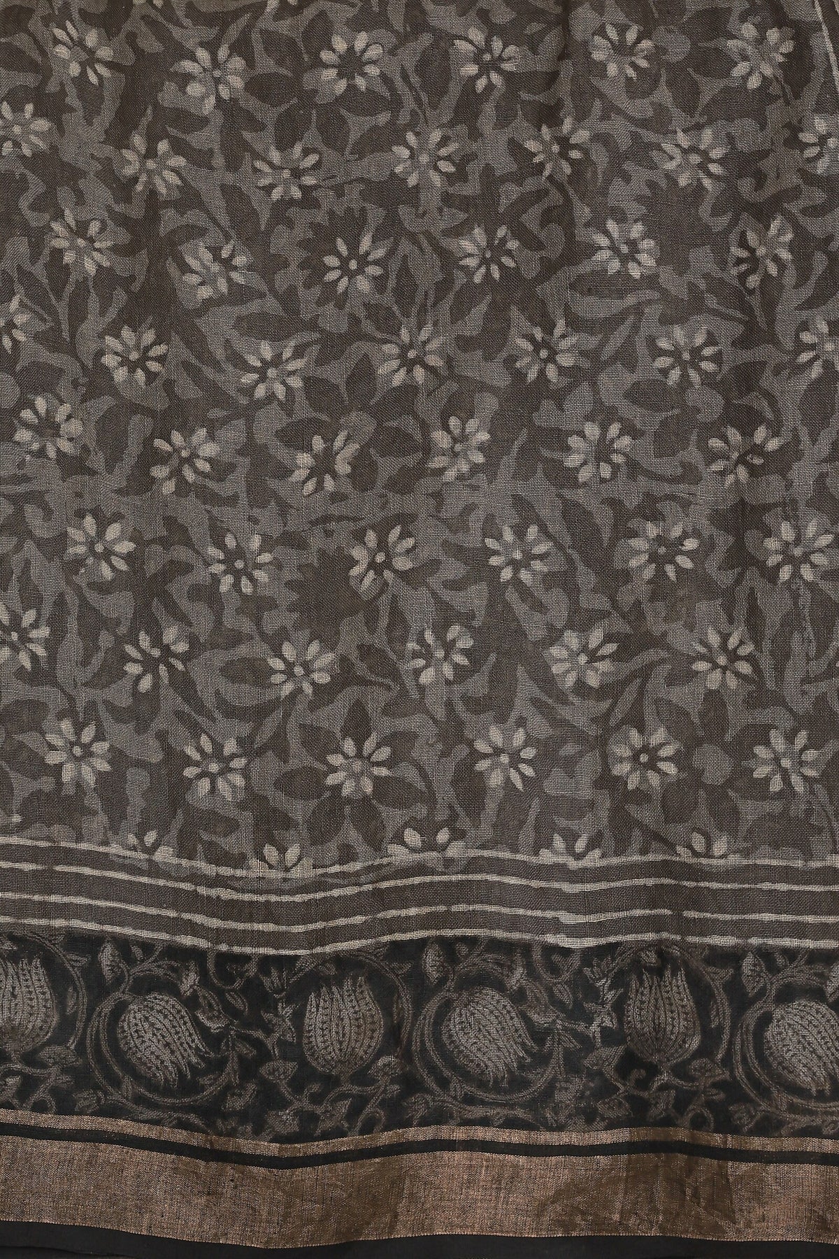 Dark Grey Linen Handblock Print Saree With Black And Zari Border, fabric detail