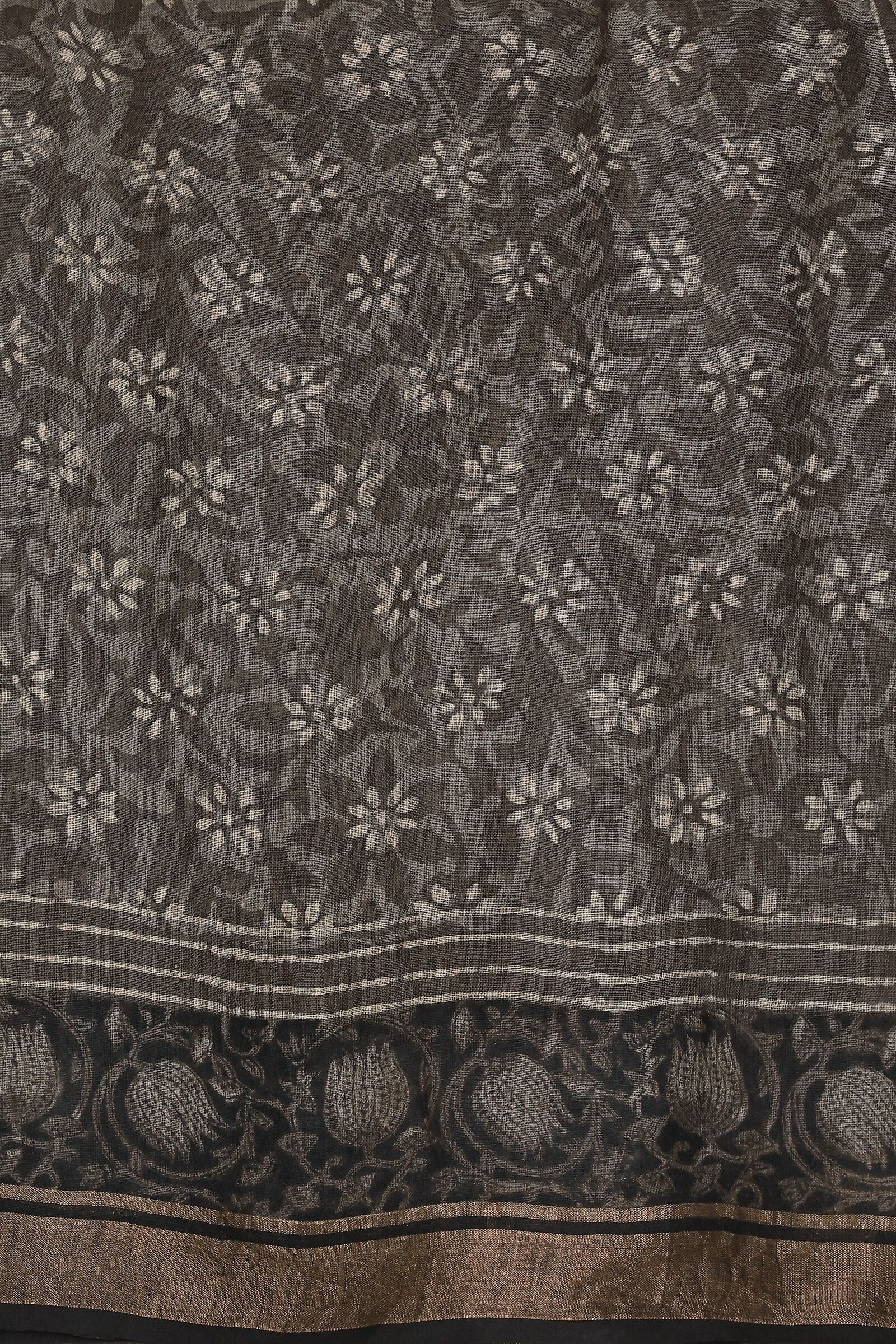 Dark Grey Linen Handblock Print Saree With Black And Zari Border, fabric detail