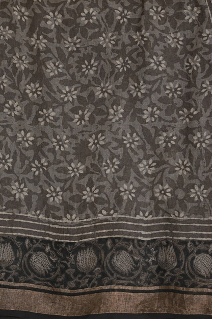 Dark Grey Linen Handblock Print Saree With Black And Zari Border, fabric detail
