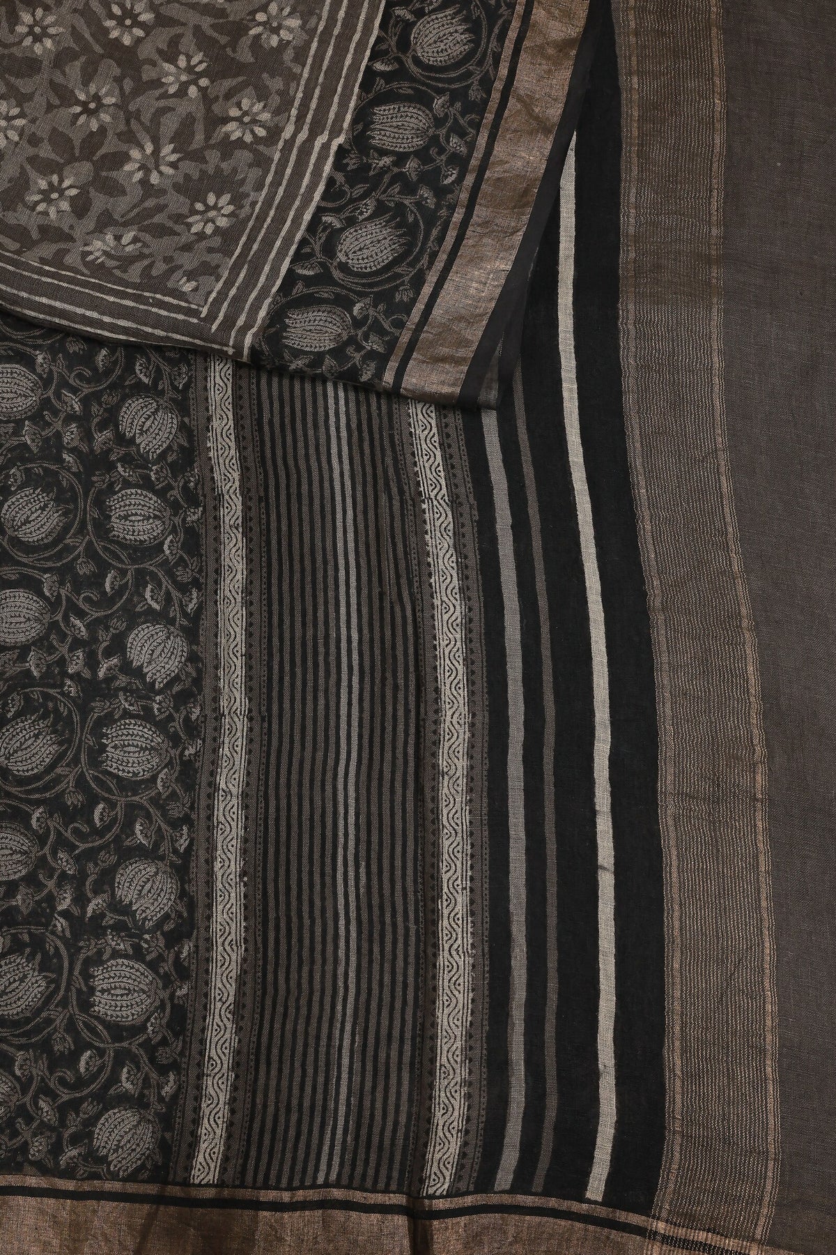 Dark Grey Linen Handblock Print Saree With Black And Zari Border, design view 3