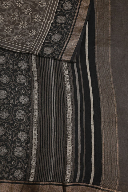 Dark Grey Linen Handblock Print Saree With Black And Zari Border, design view 3