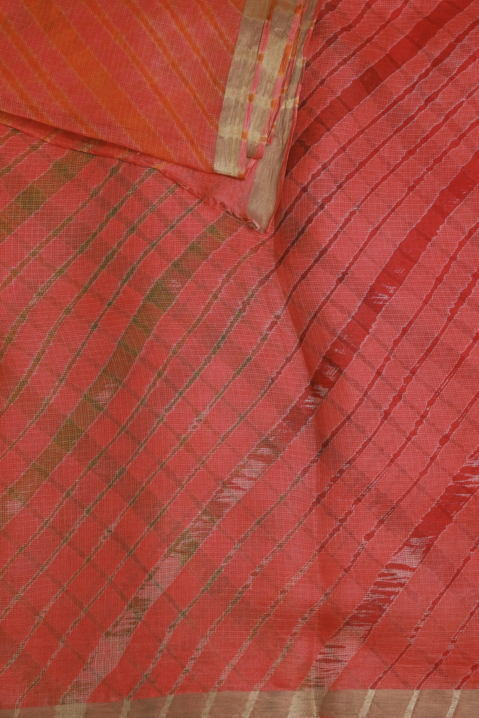 Dark Pink And Peach Silk Kota Lahariya Saree, folded saree view