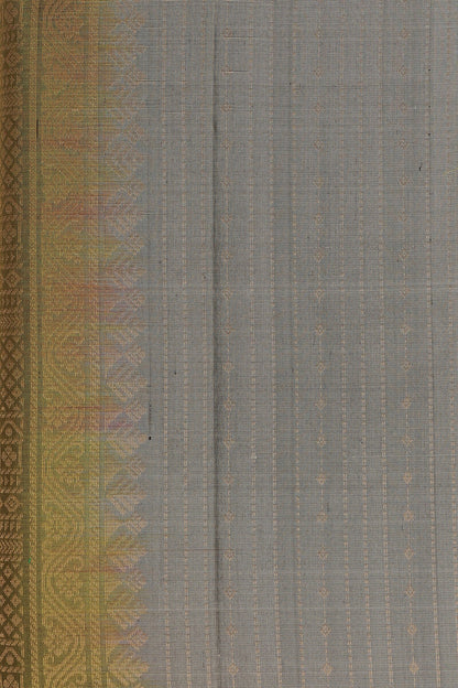 Dark Silver Grey And Parrot Green Pure Silk Saree, fabric detail