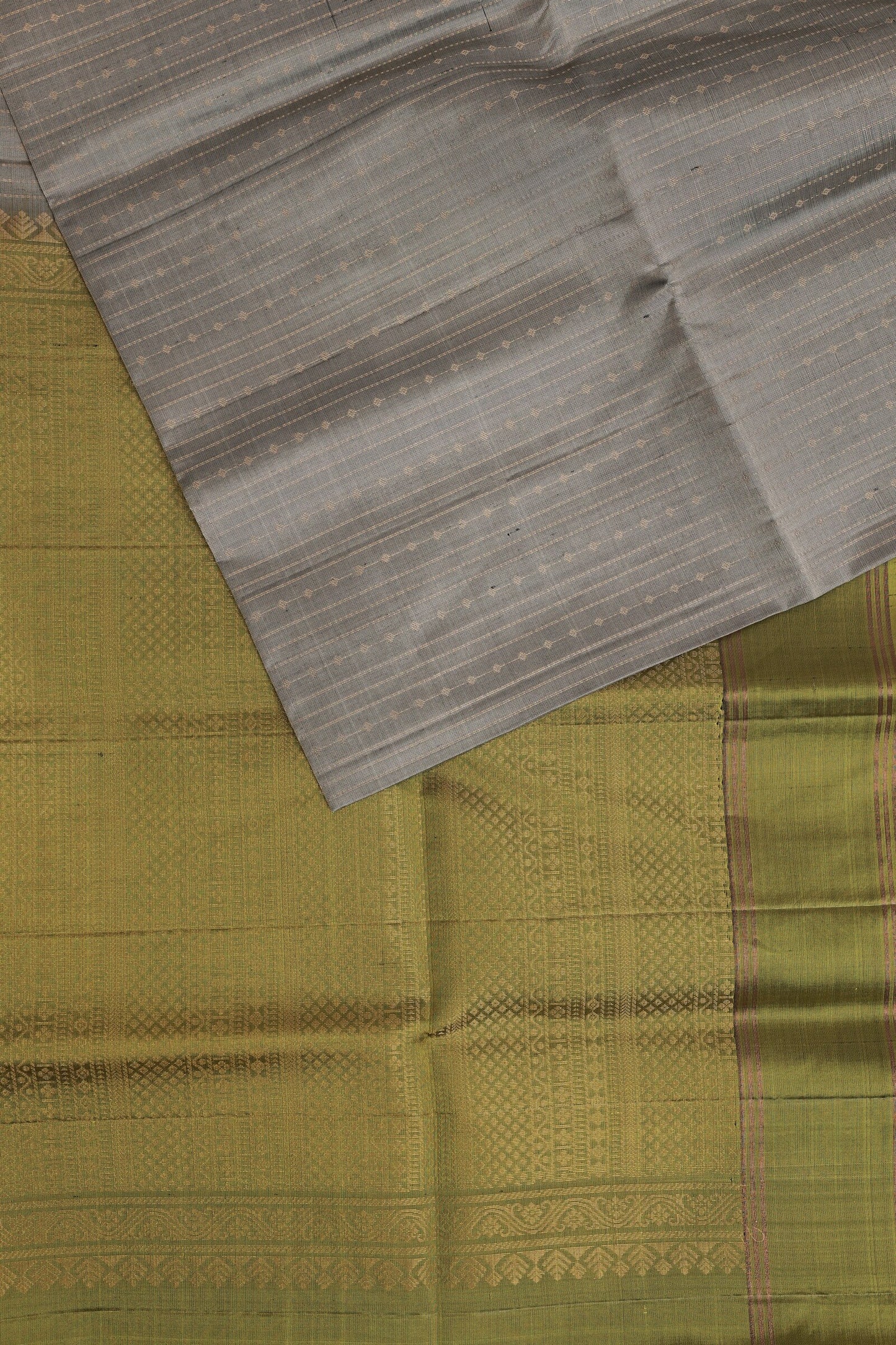 Dark Silver Grey And Parrot Green Pure Silk Saree, folded saree view