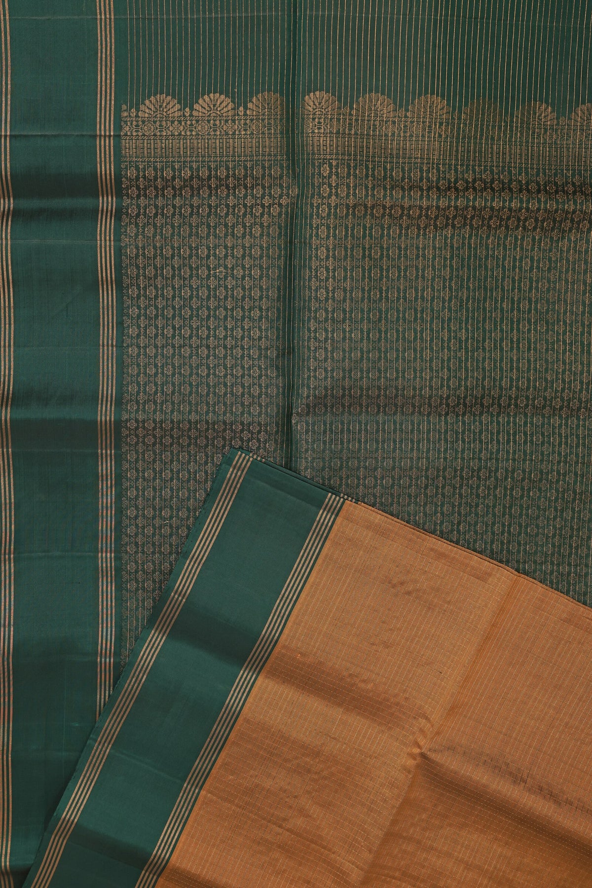 Golden Yellow And Green Pure Silk Saree With Small Zari Kattam, folded saree view