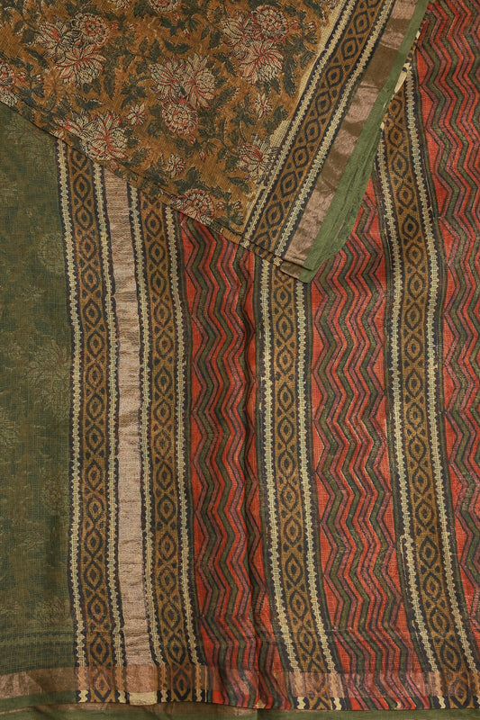 Golden Yellow And Green Silk Kota Handblock Saree With Zari, folded saree view