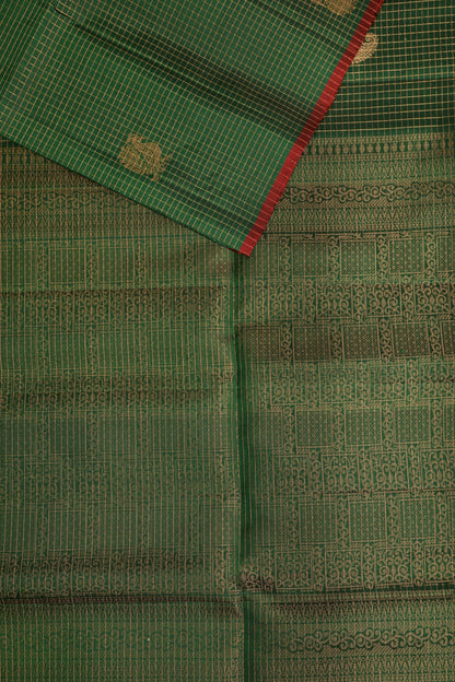 Green Pure Silk Saree With Small Zari Kattam And Mayil Buttas, folded saree view