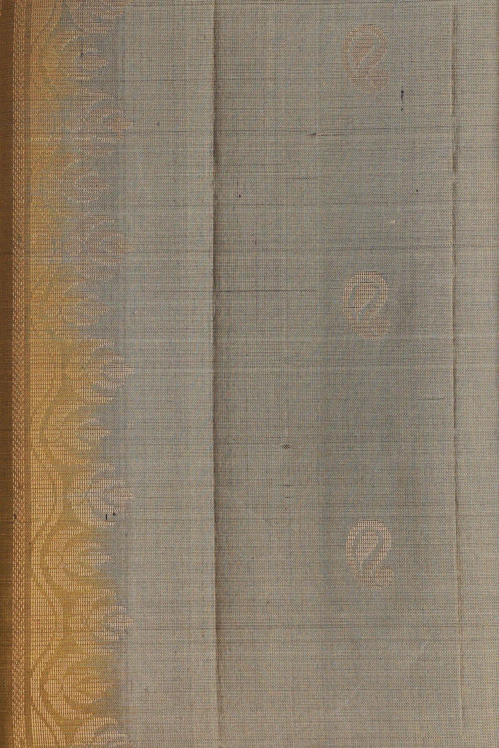 Grey And Golden Yellow Pure Silk Saree With Zari Border, fabric detail