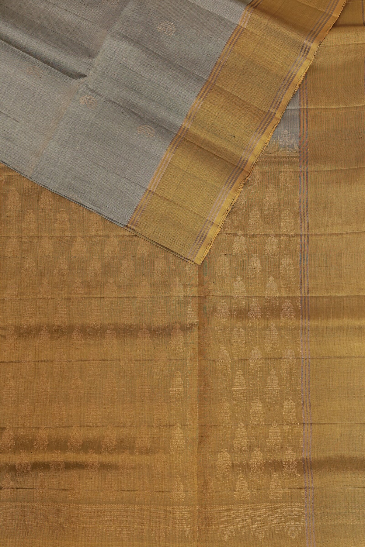 Grey And Golden Yellow Pure Silk Saree With Zari Border, folded saree view