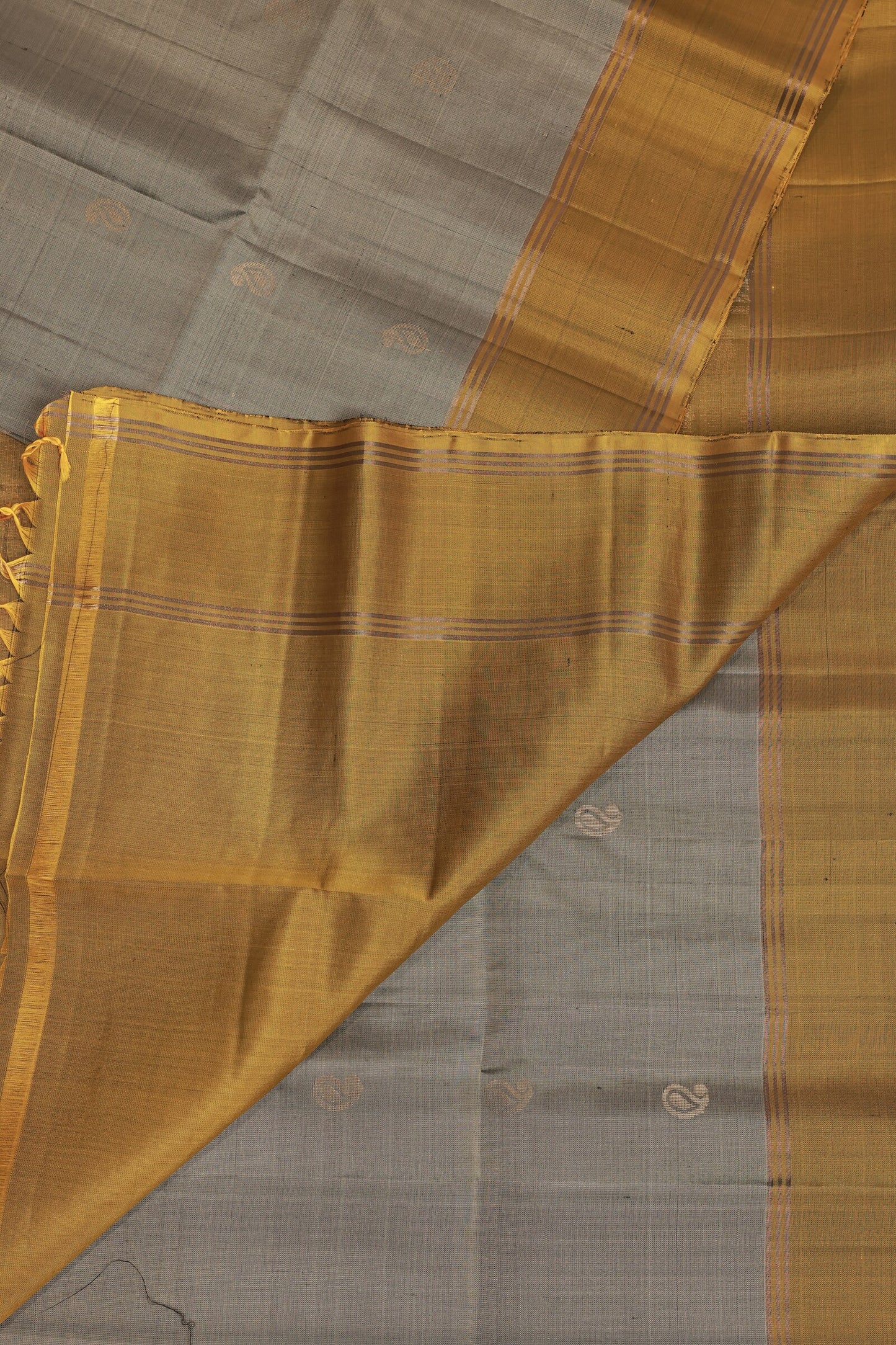 Grey And Golden Yellow Pure Silk Saree With Zari Border, design view 3