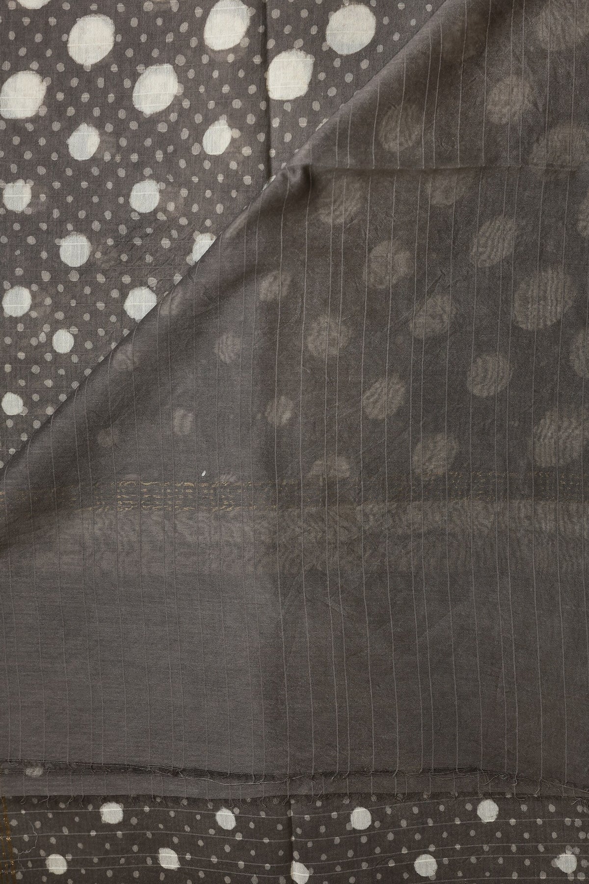 Grey Chanderi Handblock Print Saree With Small And Big Off White Polka Dots, folded saree view